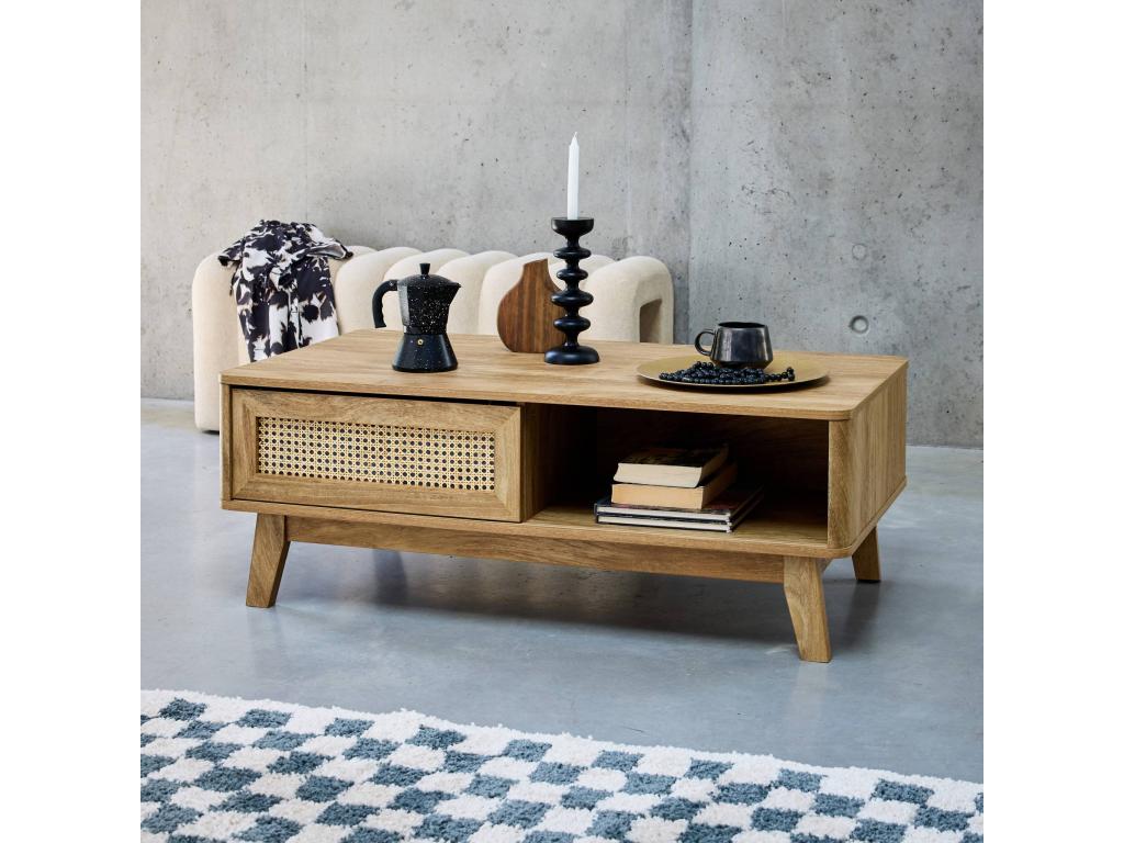 Coffee table with 2 niches - 1 sliding door - wood and cane effect - eucalyptus legs