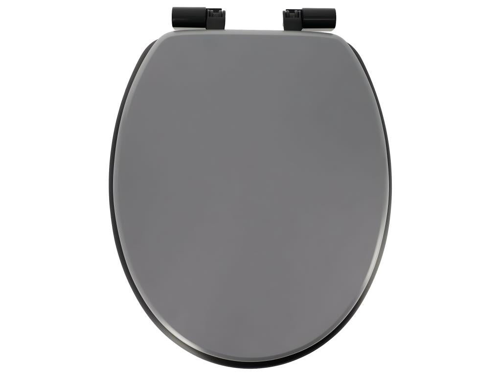 Grey and black wooden toilet seat with soft-close mechanism and Homzora fixing bracket