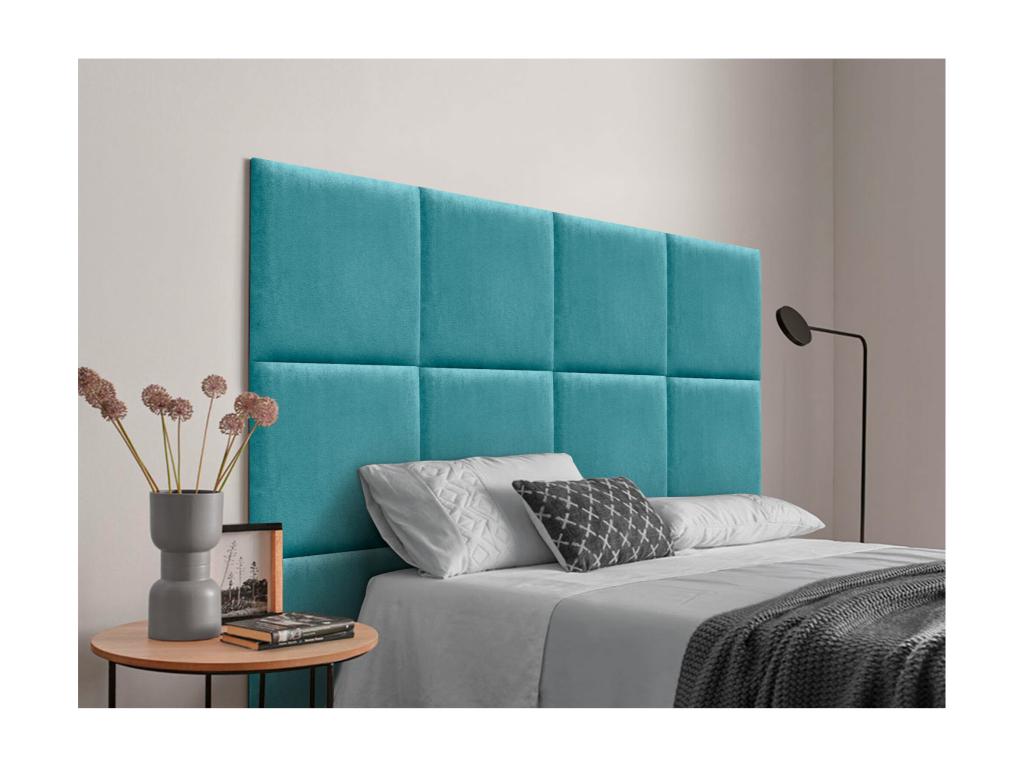 Homzora Aqualine fabric upholstered headboard composed of interchangeable self-adhesive bed panels for a luxurious turquoise bedroom, 200 cm