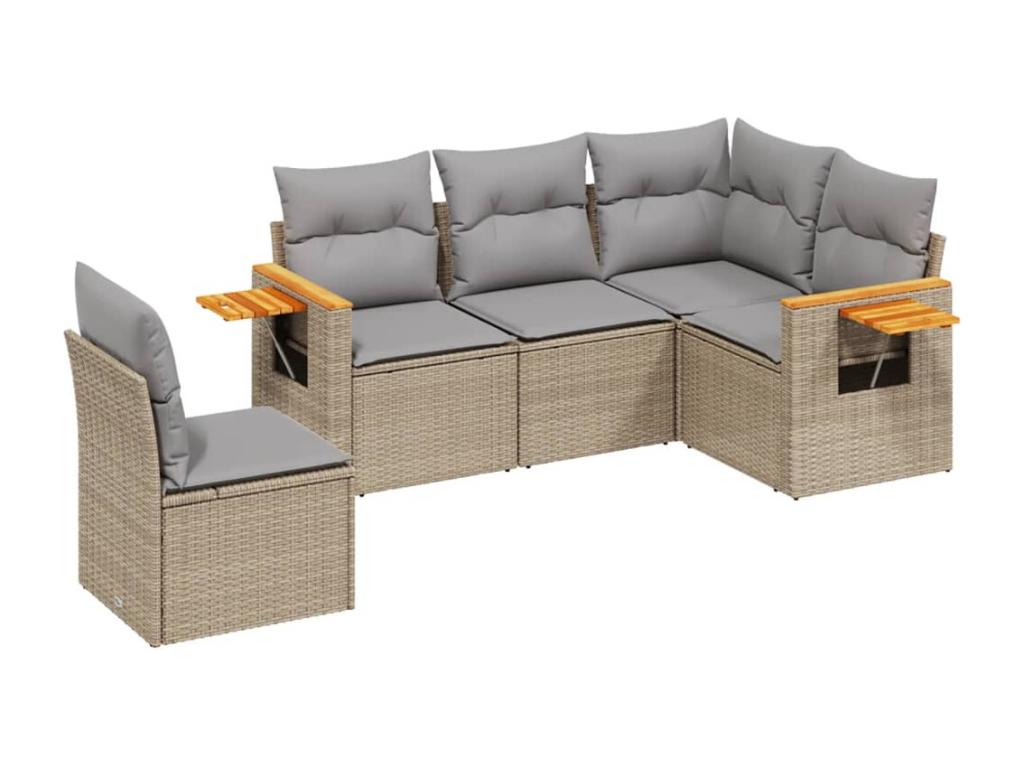 5-piece garden furniture set with cushions, beige woven resin