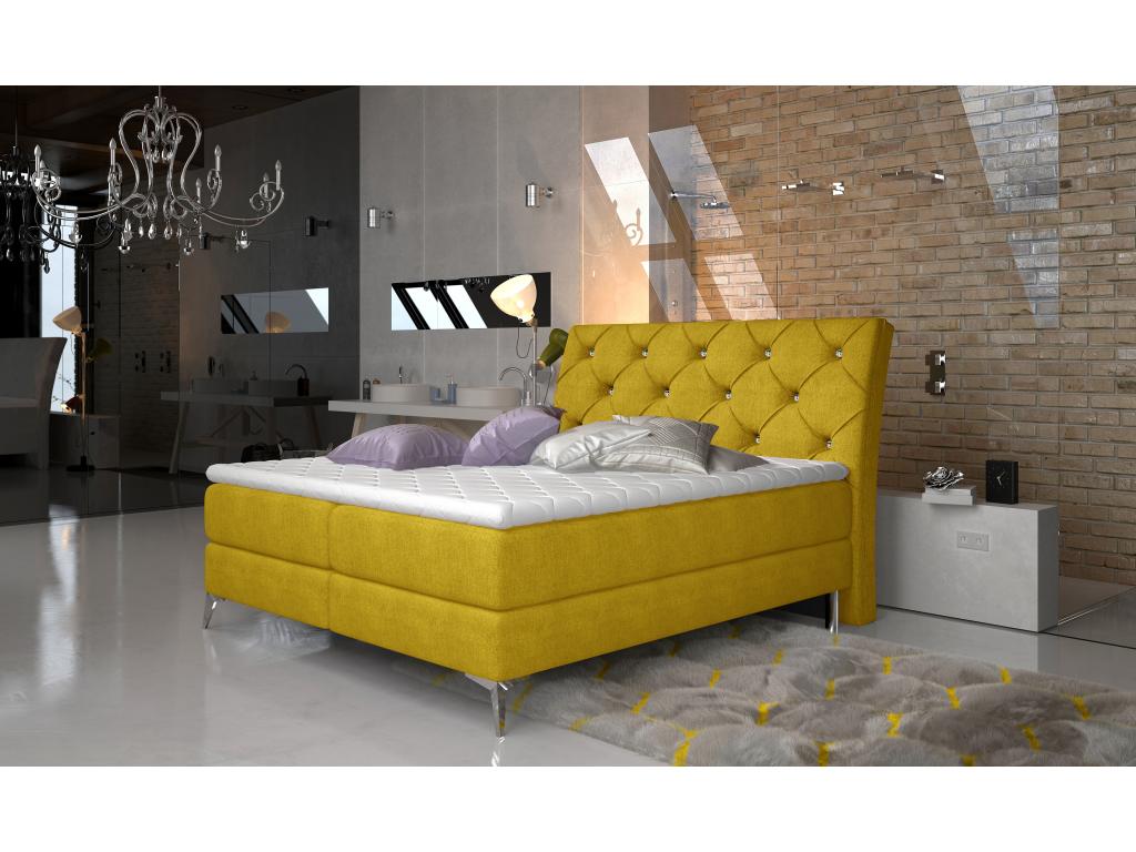 Continental design bed with rhinestone-tufted headboard in olive yellow fabric, Banky-160x200