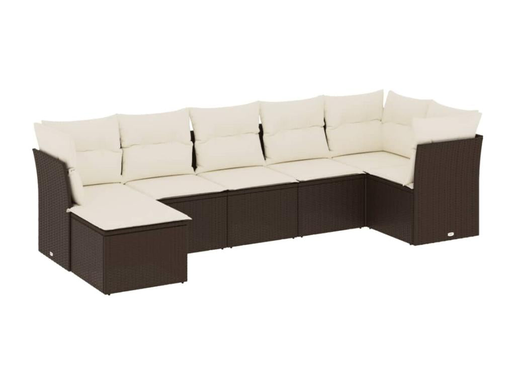 Garden furniture set with cushions, 7 pieces, brown woven resin