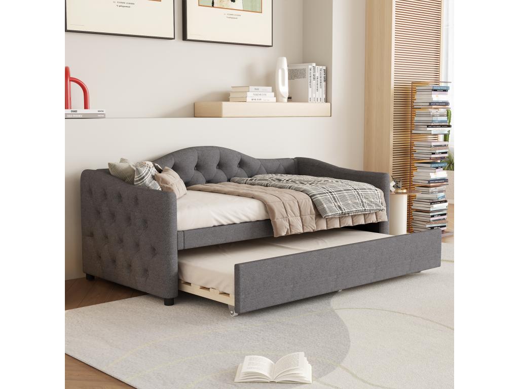 Trundle bed 90x200 cm, bed 90x190 cm, sofa bed - linen fabric - grey color, mattress not included