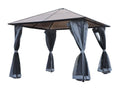 Garden pavilion, rigid pergola, dimensions: 4m (L) x 3m (W) x 2.65m (H), 4 grey UV-resistant side panels, 4 zipped mosquito nets, aluminum-metal frame, black and brown polycarbonate