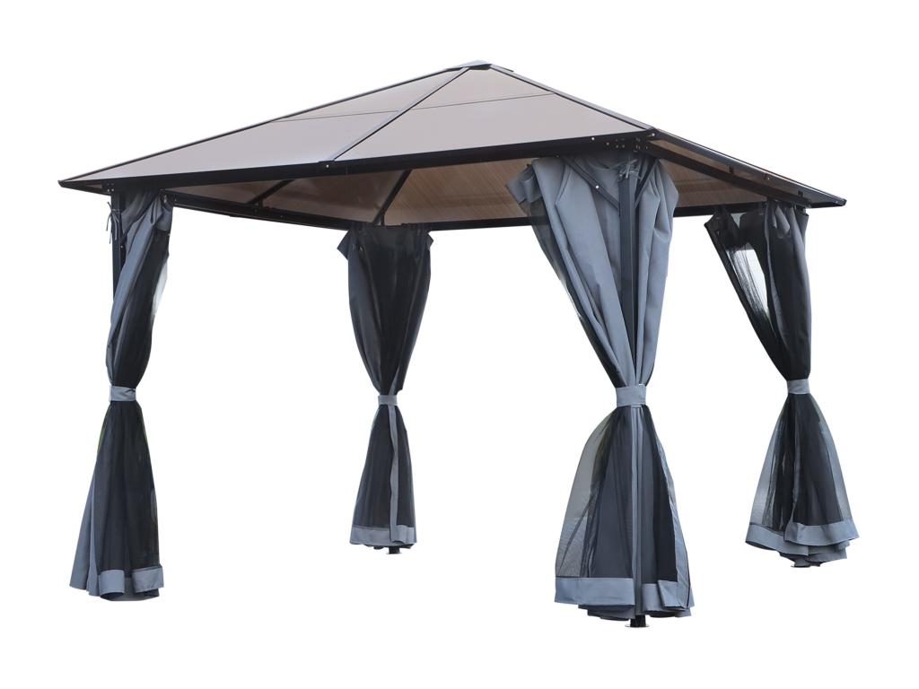 Garden pavilion, rigid pergola, dimensions: 4m (L) x 3m (W) x 2.65m (H), 4 grey UV-resistant side panels, 4 zipped mosquito nets, aluminum-metal frame, black and brown polycarbonate