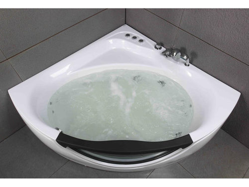 Homzora corner whirlpool bathtub with jets, 135cm wide x 135cm high x 54cm high, by Homzora