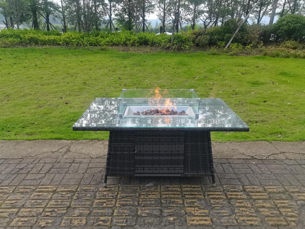 5-Seater Rattan Garden Furniture Set with Gas Fire Pit Table, Sofa, 2 Chairs, 2 Side Tables, MéHomzora Dark Grey