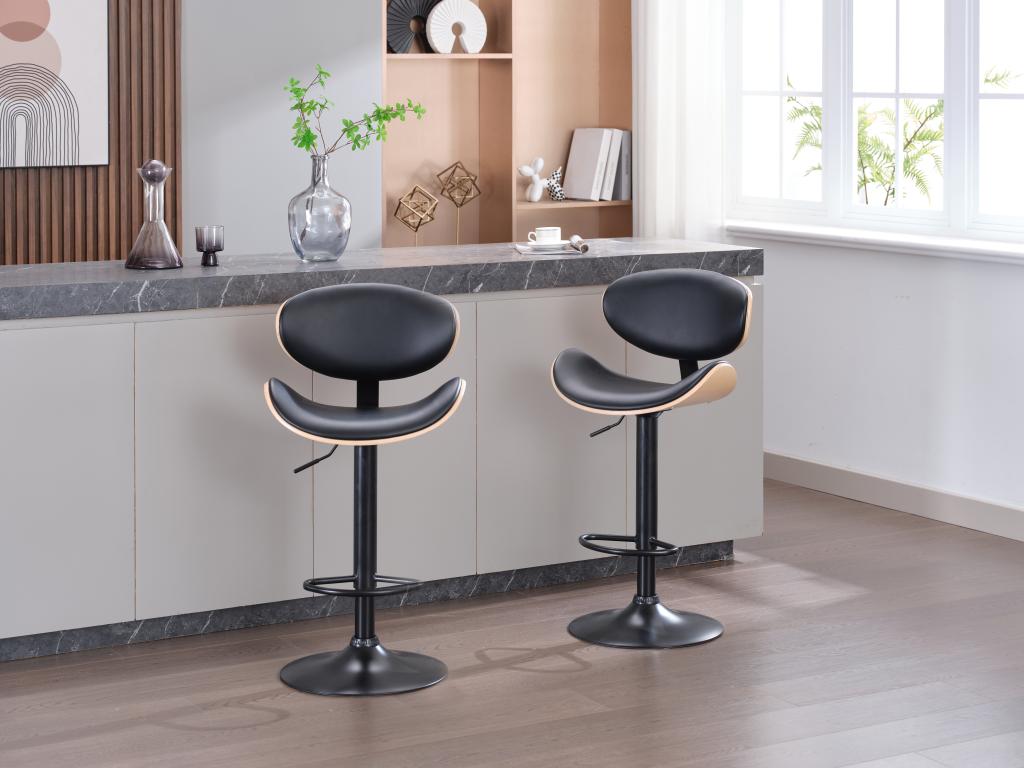 Set of 2 bar stools in faux oak veneer and metal - Adjustable height - Light natural and Black - MONTENEGRO