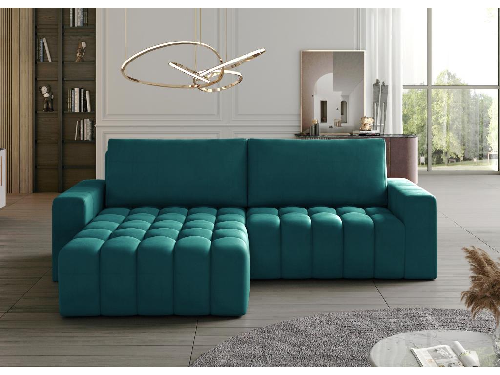 Homzora 250cm Quilted Velvet Designer Convertible Sofa, Pine Green, Left Corner