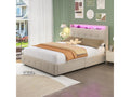 Upholstered double bed 140x200 cm Adult bed with pull-out bed, LED lighting, 2 drawers, USB ports and slatted base by Homzora - beige