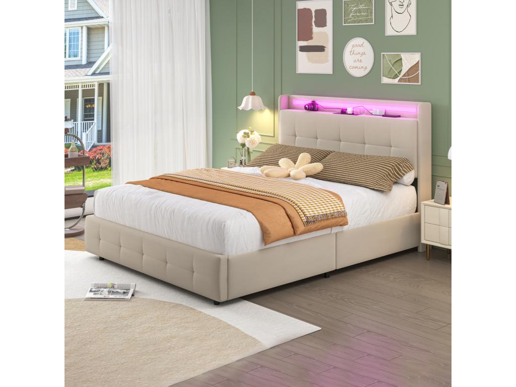Upholstered double bed 140x200 cm Adult bed with pull-out bed, LED lighting, 2 drawers, USB ports and slatted base by Homzora - beige