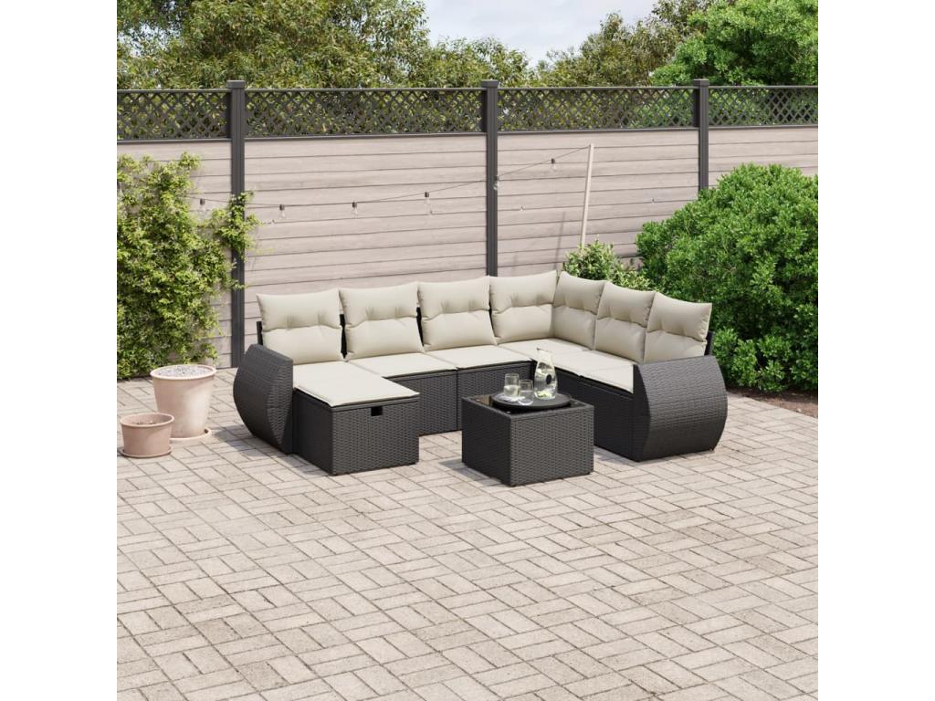 8-piece garden furniture set with cushions, black woven resin