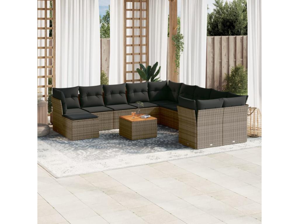 12-piece garden furniture set with cushions, grey woven resin