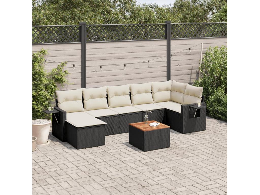 8-piece garden furniture set with cushions, black woven resin