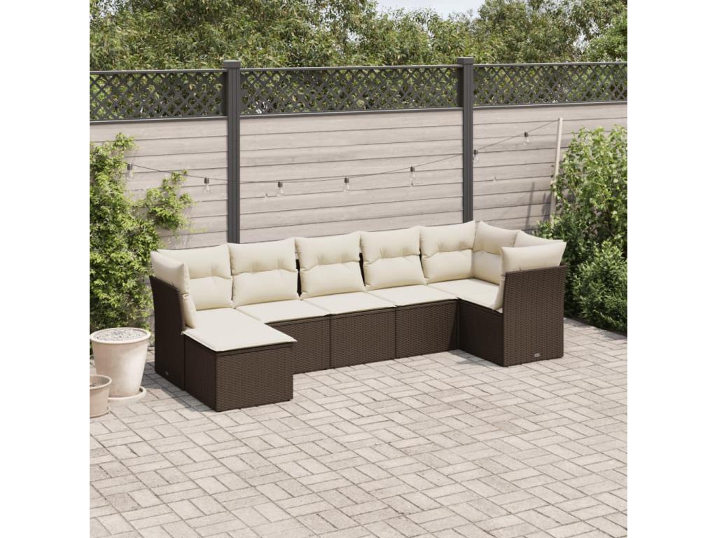 Garden furniture set with cushions, 7 pieces, brown woven resin