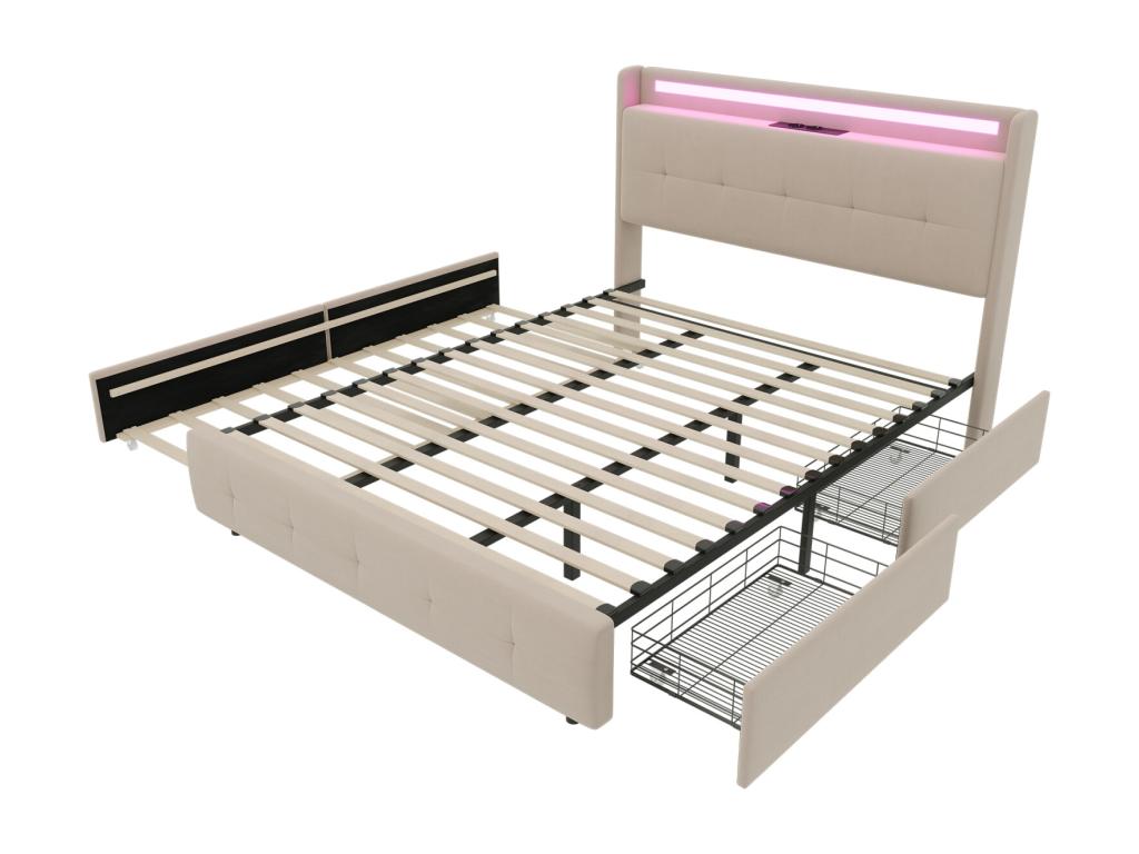 Upholstered double bed 140x200 cm Adult bed with pull-out bed, LED lighting, 2 drawers, USB ports and slatted base by Homzora - beige