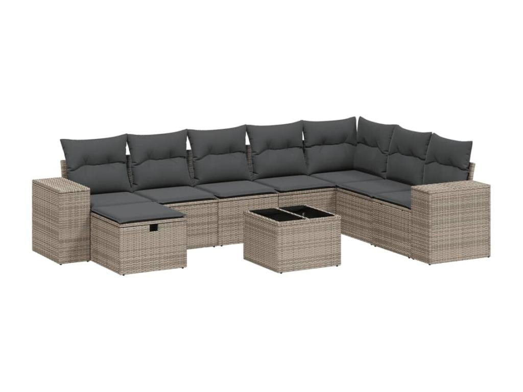 9-piece garden furniture set with grey resin wicker cushions