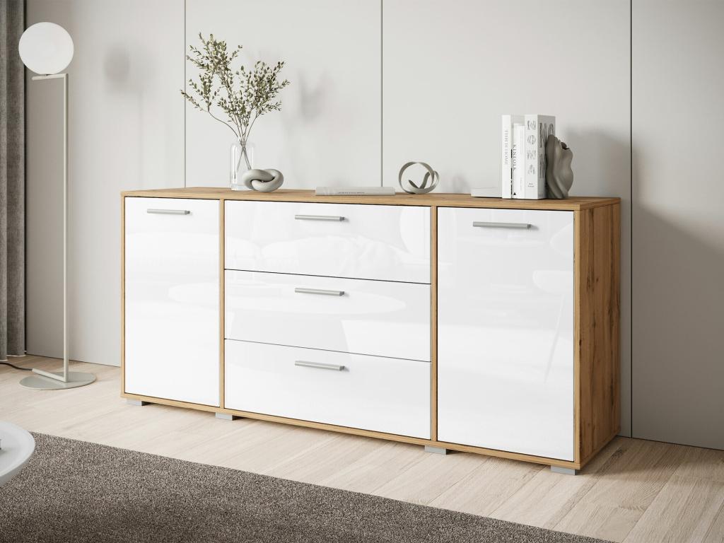 Homzora 174 Chest of Drawers, Glossy White - Homzora Oak Finish, with Drawers and Doors, 68x150x40cm