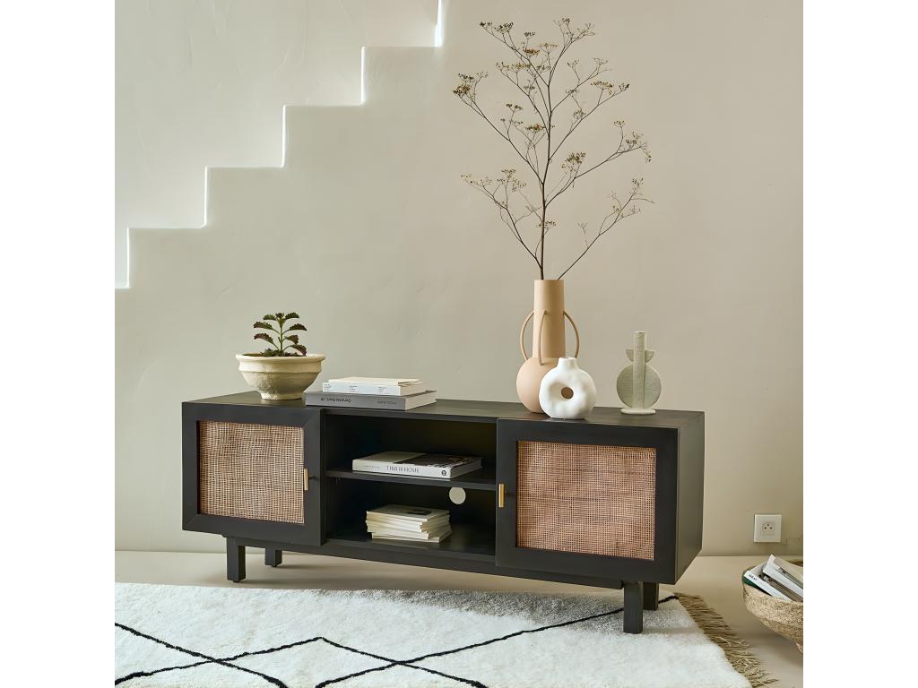 TV stand in solid mango wood and caning, 140 cm