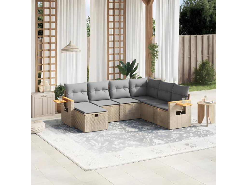 Garden furniture set with cushions, 7 pieces, méHomzora beige woven resin