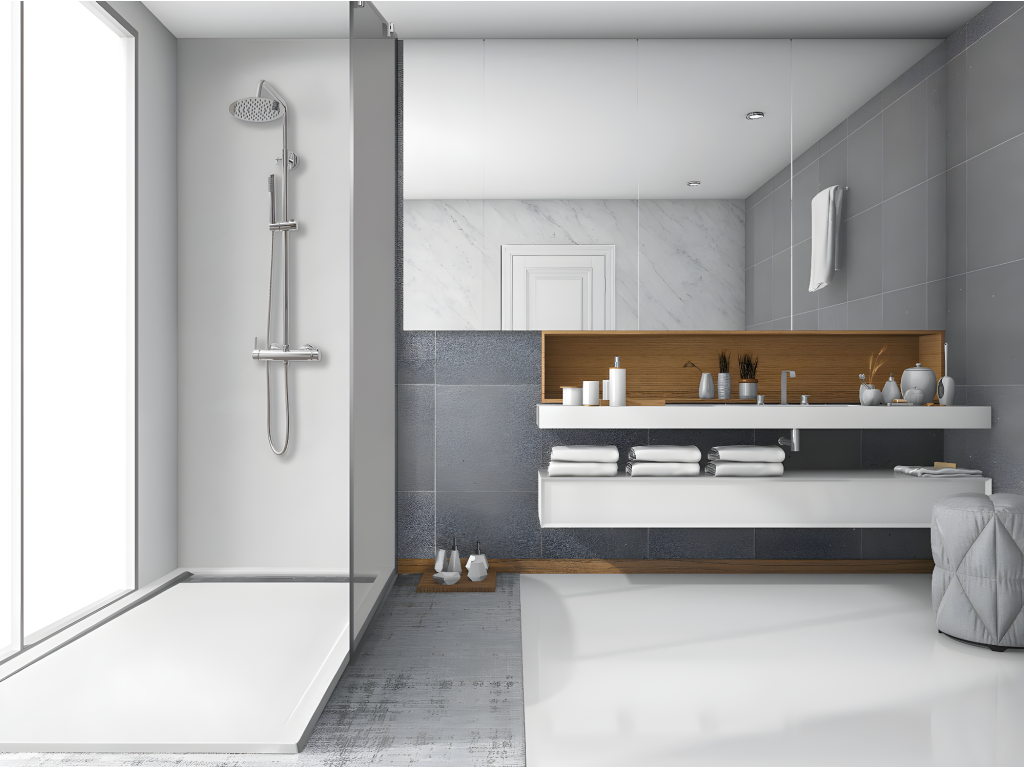 90x185 cm shower tray with side grate, Homzora Extra Slim white, made of synthetic resin and marble dust, with free waste