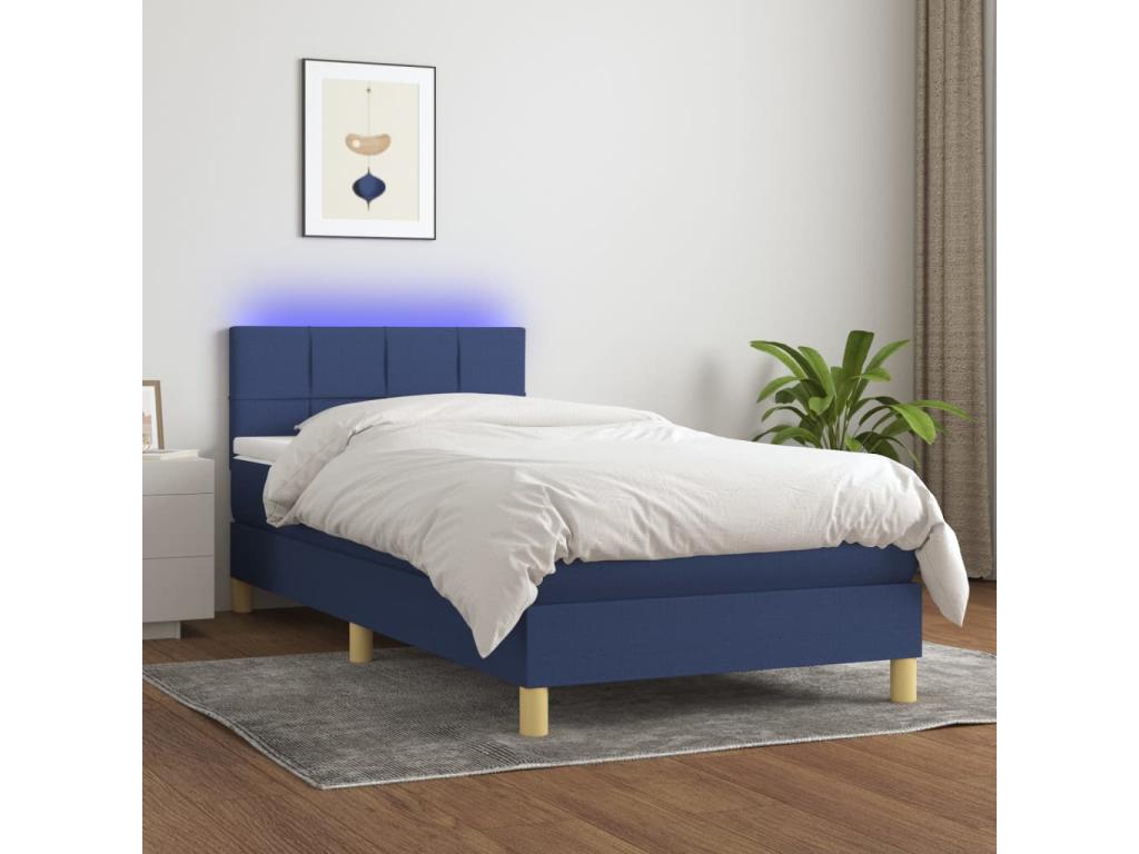 Upholstered bed base with mattress and blue LED light, 90x200 cm, fabric