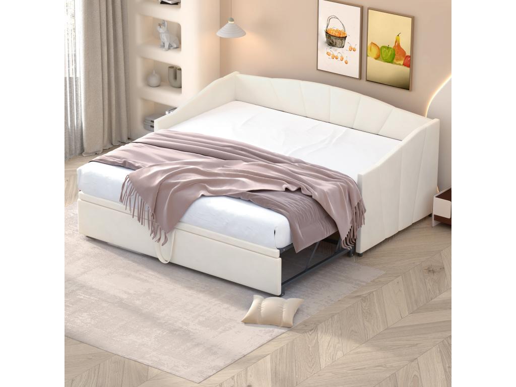 Trundle bed - 2x90x200 cm - velvet - Homzora slatted base - beige color
