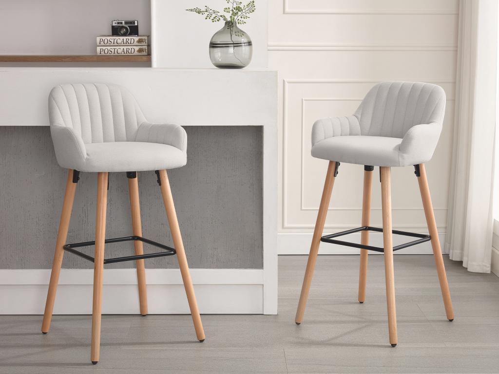 Set of 2 fabric bar stools with beech wood legs - Cream - Homzora