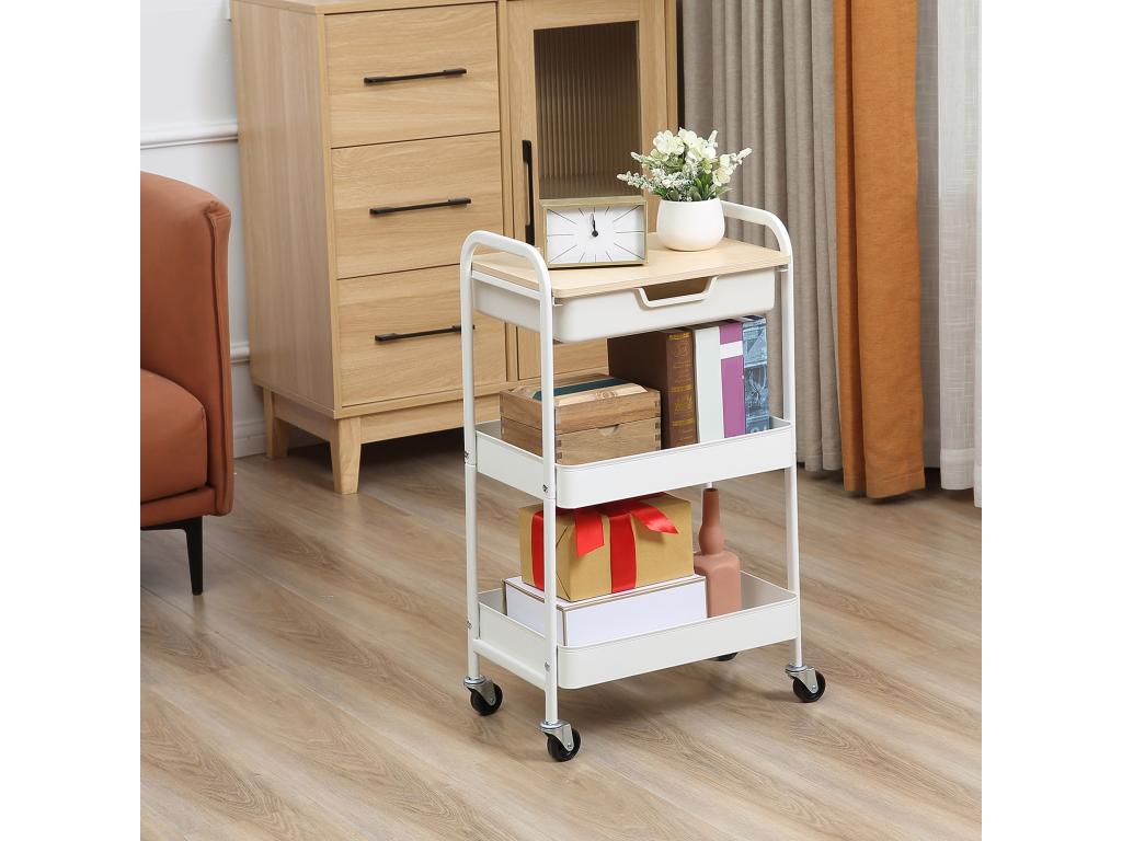 Homzora Kitchen Serving Trolley with 2 Shelves, Drawer, Light Wood Look Tray, Steel, PP, White