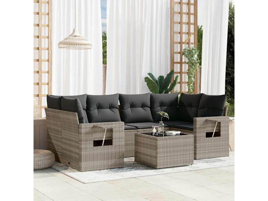 7-piece garden furniture set with cushions, light grey woven resin