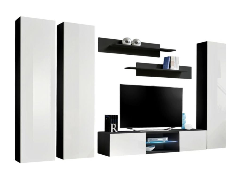 FLY P1 TV unit set with LED - Black and white color - Designer wall-mounted furniture for your living room.