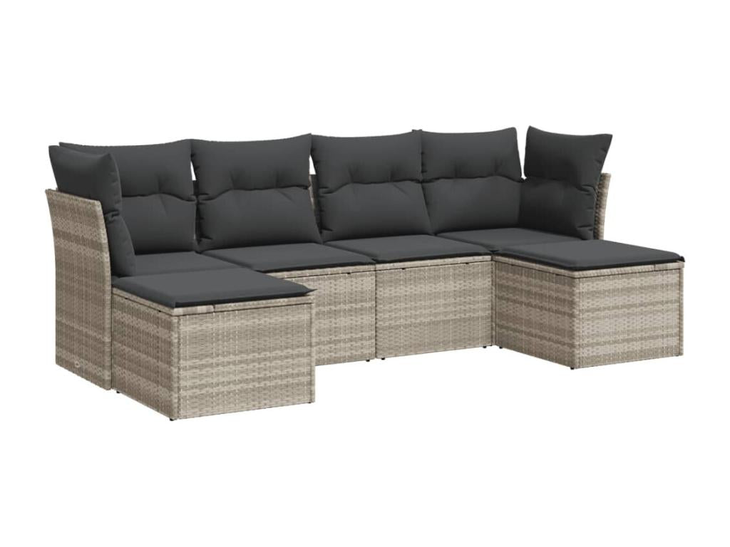 6-piece garden furniture set with light grey cushions, woven resin