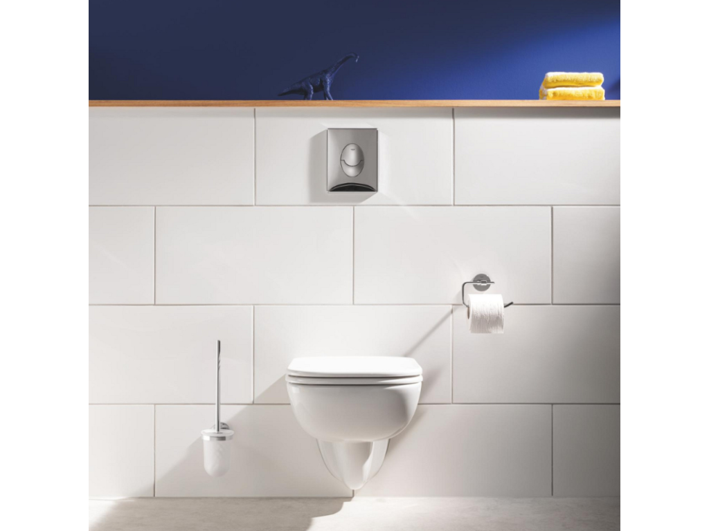 Bau Ceramic Slim rimless toilet pack with seat, self-supporting frame, and chrome oval flush plate. Bathroom accessories.