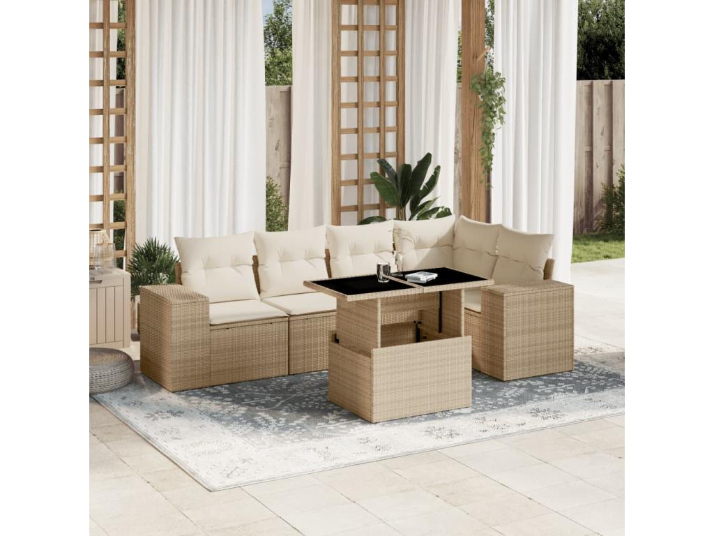 Garden furniture set with cushions, 6 pieces, beige woven resin