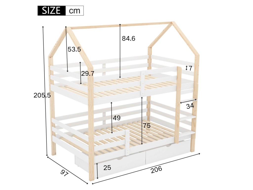 Bunk bed 90x200cm in pine wood - with 2 drawers and ladder - White