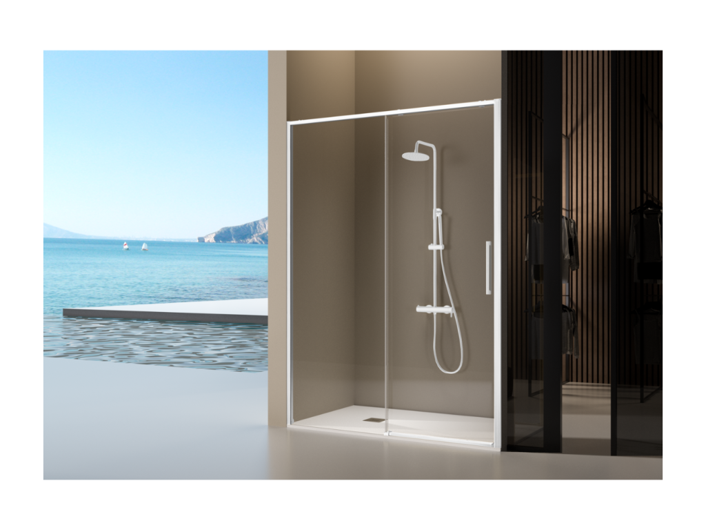 Homzora fixed shower screen with sliding door, matte white, 128-130.6 cm