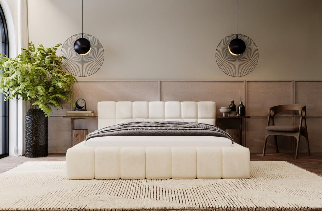 Upholstered bed with storage - 140x200 - double bed - velvet - beige - Homzora