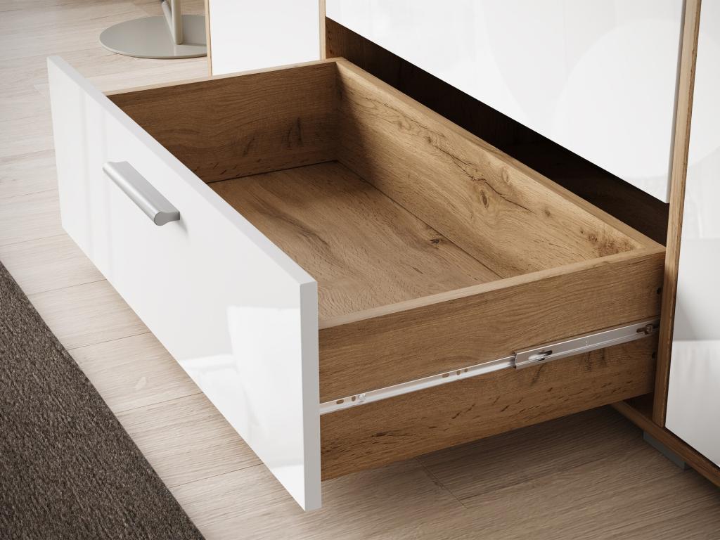 Homzora 174 Chest of Drawers, Glossy White - Homzora Oak Finish, with Drawers and Doors, 68x150x40cm