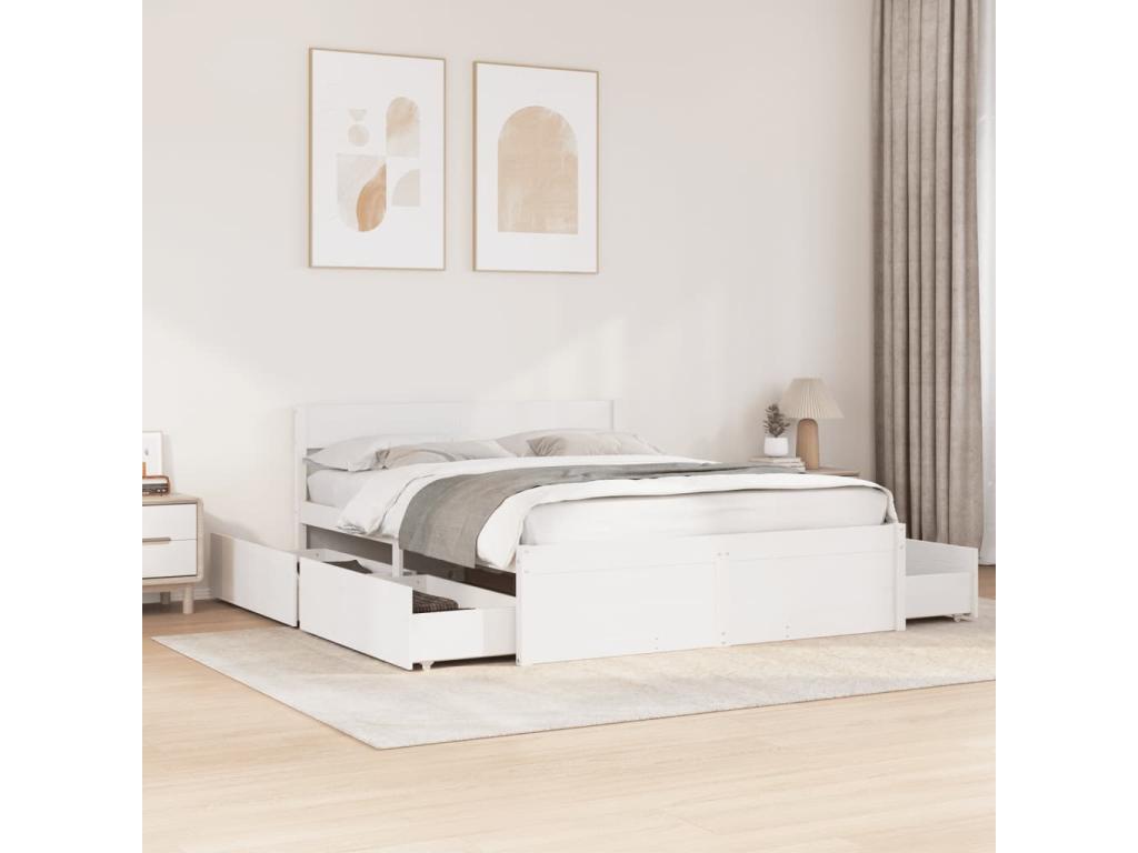 Bed frame with drawers, white, 140x200 cm, solid pine wood