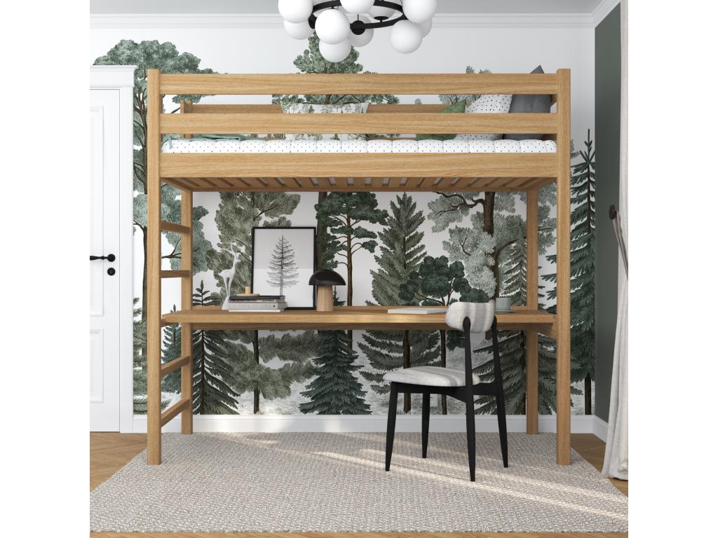 Oak loft bed - with desk N01 Natural Oak 100x190