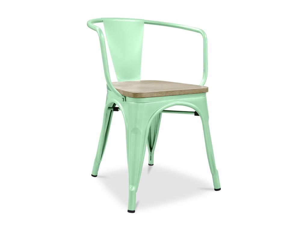 Homzora industrial chair with polished steel armrests and natural solid wood seat - Turquoise Blue