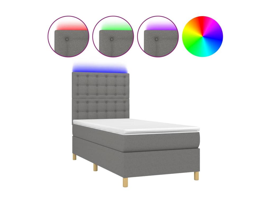 Upholstered bed base with mattress and LED lighting, dark grey, 80x200cm, fabric