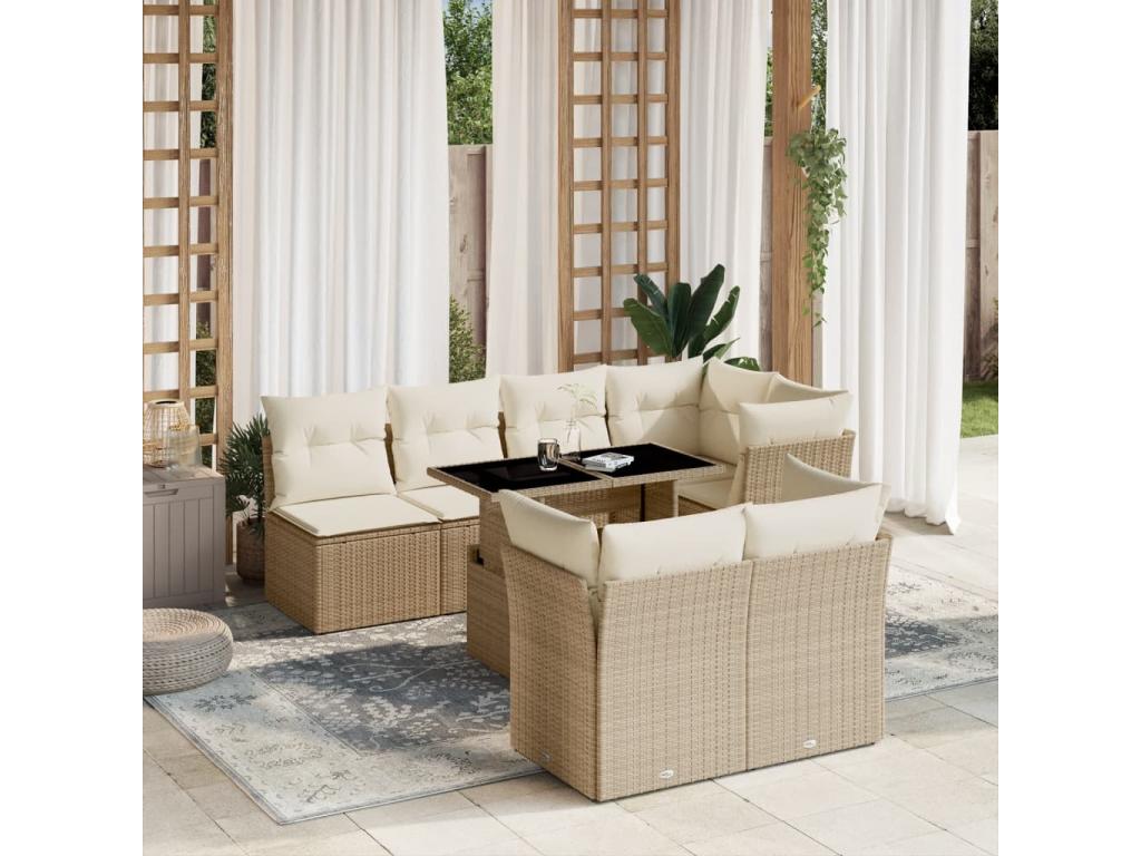 8-piece garden furniture set with cushions, beige woven resin