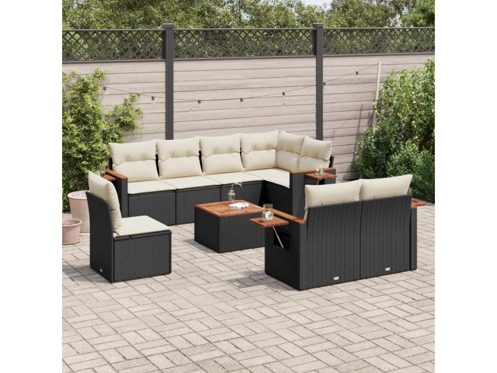 9-piece garden furniture set with cushions, black woven resin