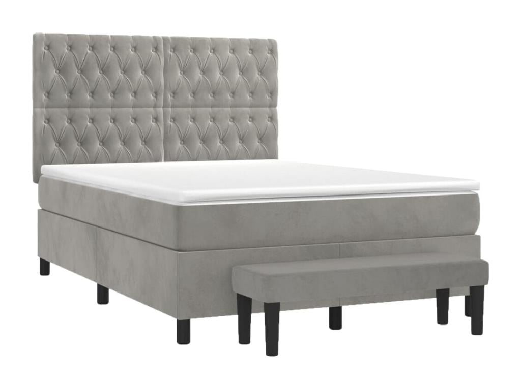 Upholstered bed base and mattress, light grey, 140x190cm, velvet