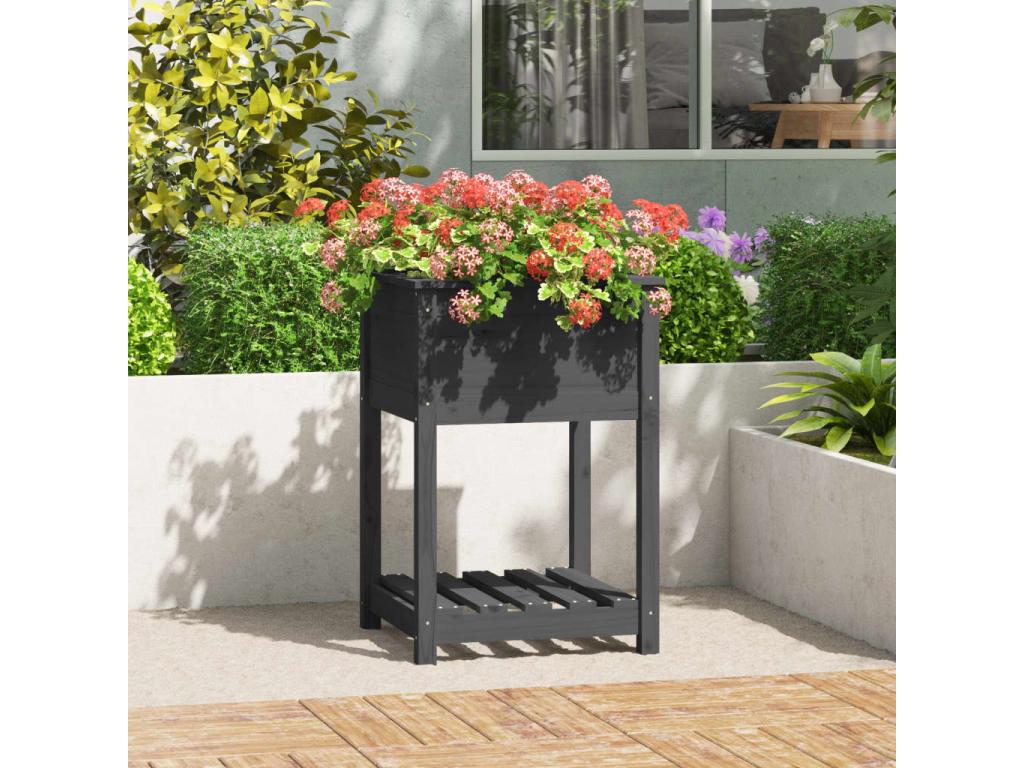 Planter with shelf, Grey, 54x54x81 cm, Solid pine wood