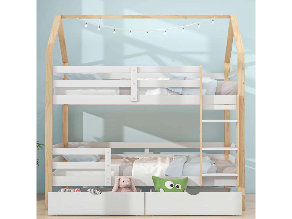 Bunk bed 90x200cm in pine wood - with 2 drawers and ladder - White