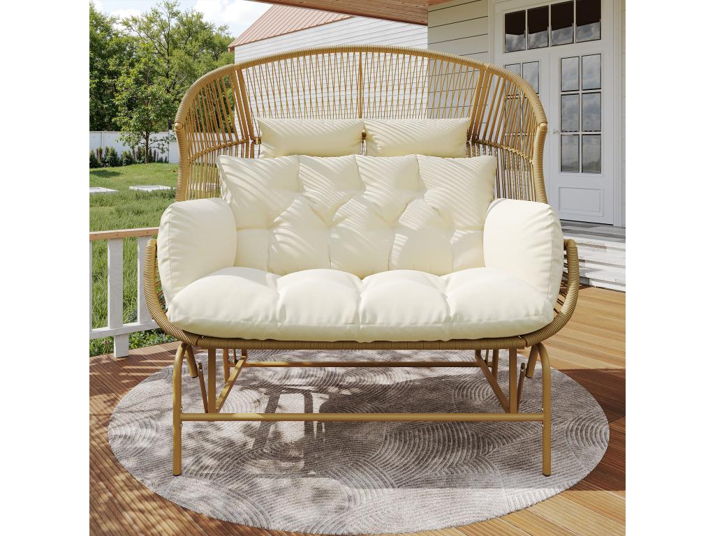 2-seater steel rocking garden chair - PE rattan, iron, waterproof fabric - Natural
