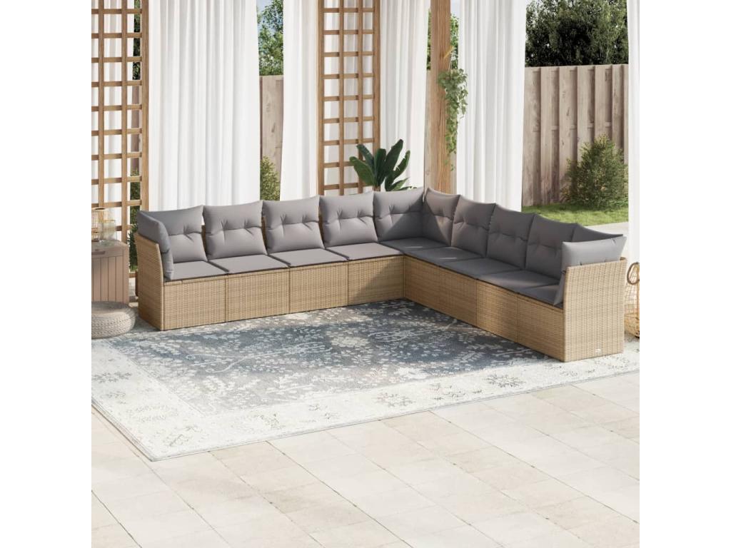 9-piece garden furniture set with cushions, beige woven resin