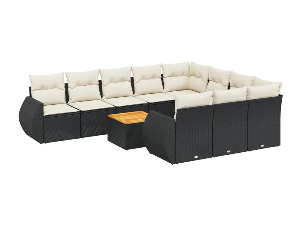 11-piece garden furniture set with cushions, black woven resin